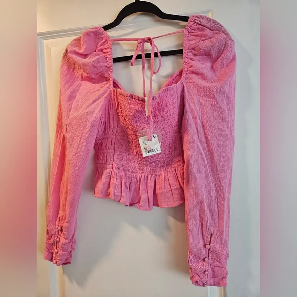 Free People Pink Ruched Peplum Blouse - Picture 5 of 6